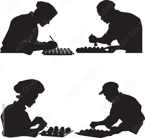 Silhouettes of Professional Bakers and Chefs Preparing Pastries: Culinary Art and Baking Concept for Gourmet Desserts and Sweet Treats in a Commercial Kitchen