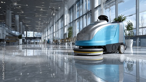 A cleaning robot polishes a gleaming floor in a modern building