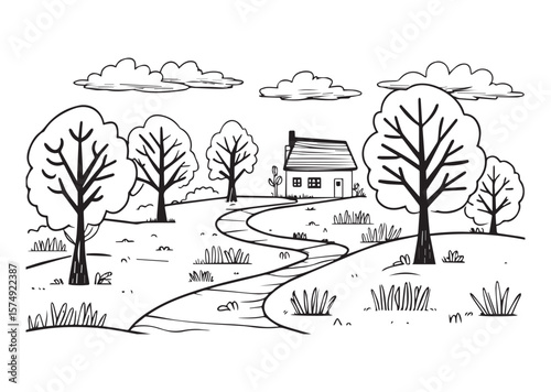 A winding path leads to a house in a rural landscape