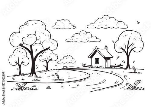 A winding path leads to a house in a rural landscape