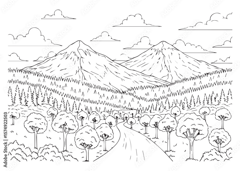 A majestic mountain landscape with a road winding through trees A majestic mountain landscape with a road winding through trees