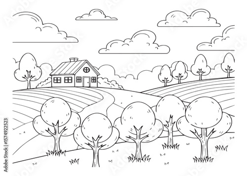 A peaceful rural landscape with a house nestled among trees