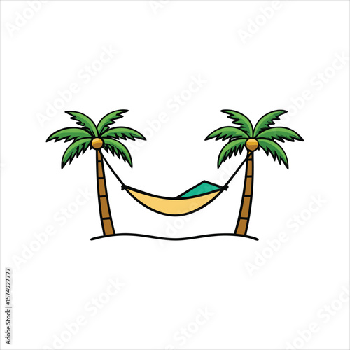 A hammock strung between two palm trees on a sandy beach