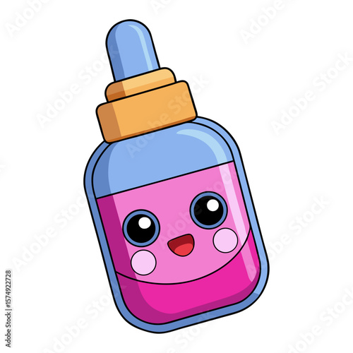 Cute cartoon dropper bottle with pink liquid and happy face blue orange