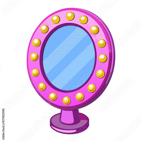 Pink vanity mirror with yellow lights and blue reflective surface makeup beauty