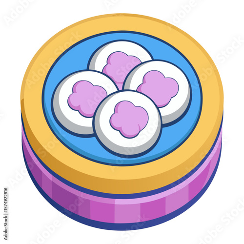 Round container with purple cloud shapes inside food dessert