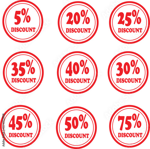 Red Circular Discount Labels Sale Percentage Tags for Promotions & Marketing