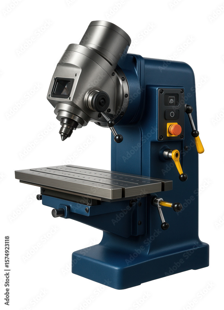 Fototapeta premium Vertical milling machine with a tilting head and a large working table for complex angle cuts in a custom metal fabrication shop