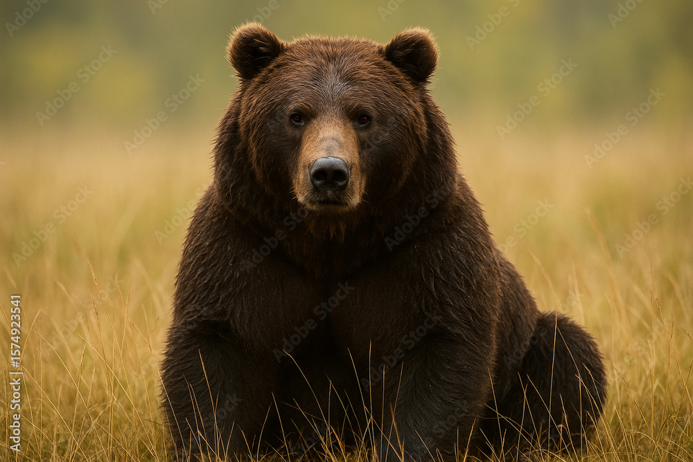 Fototapeta premium Majestic Brown Bear in Serene Meadow Wildlife Photography