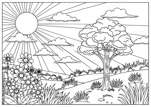 A black and white coloring page of a sunny landscape scene