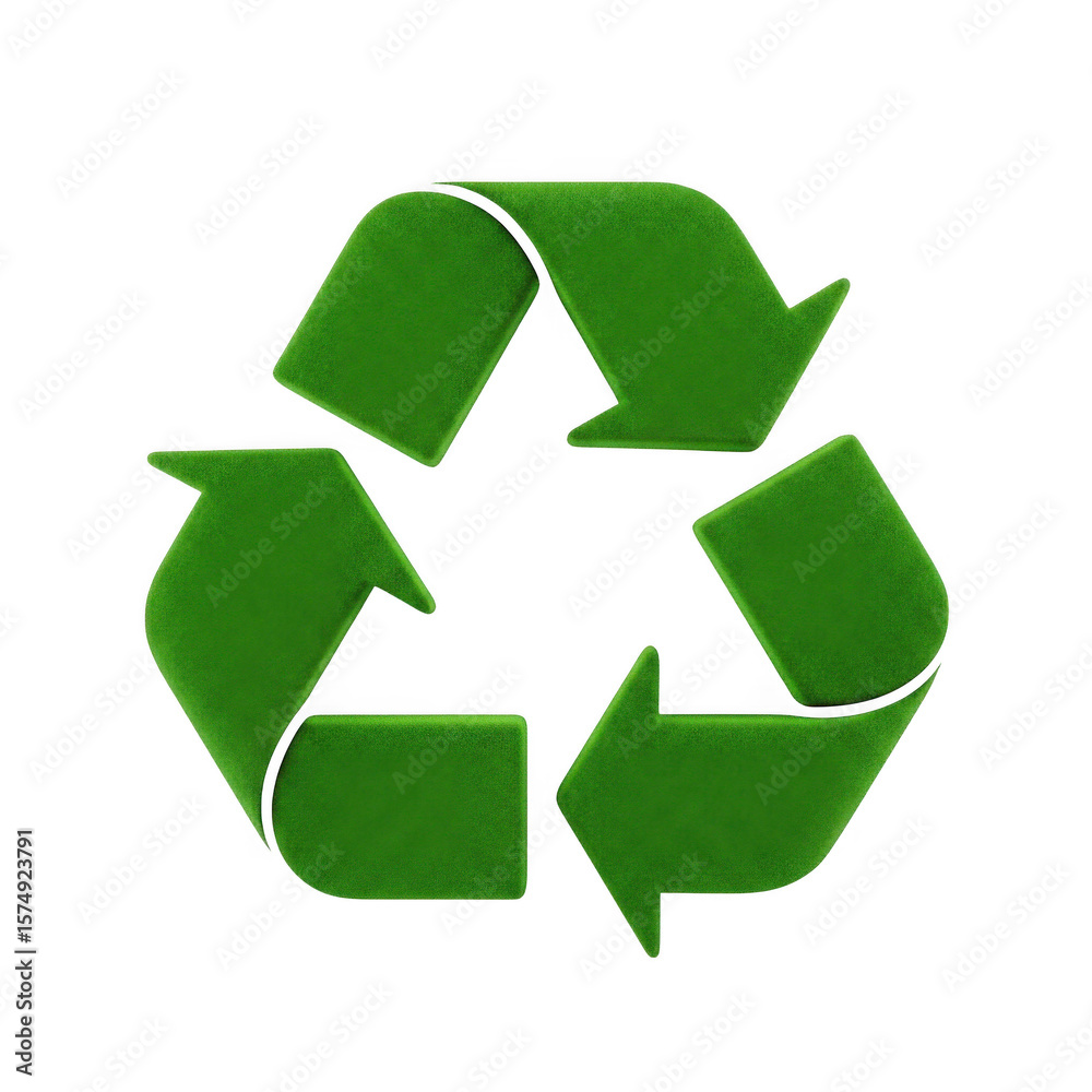 Obraz premium Green textured recycling symbol with three chasing arrows isolated on transparent background