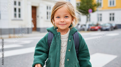 Girl wearing green coat and backpack on city street