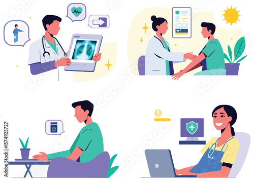 Modern healthcare concepts illustrated with doctors and patients in various medical settings