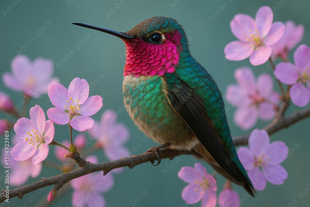 Fototapeta premium Vibrant Hummingbird Amongst Delicate Pink Blossoms A Springtime Marvel