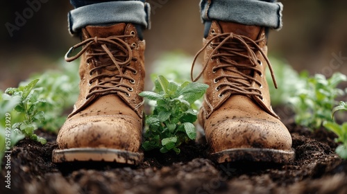 Close-up of worn brown work boots standing in rich soil next to fresh green sprouts. The scene captures the essence of farming, growth, and hands-on connection with nature.