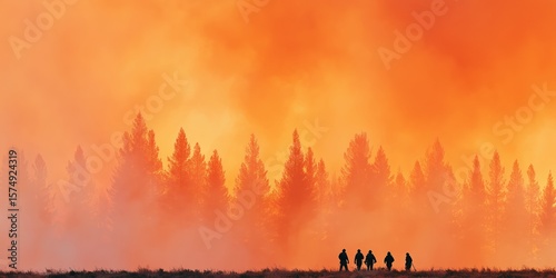Silhouettes of firefighters walking through dense orange smoke in a burning forest. Dramatic wildfire scene with tall pine trees, intense haze, and atmospheric lighting.