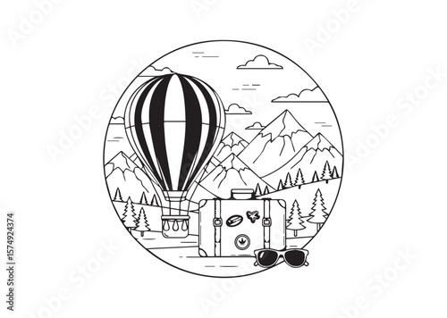 A travel themed illustration with a suitcase, balloon, and mountains