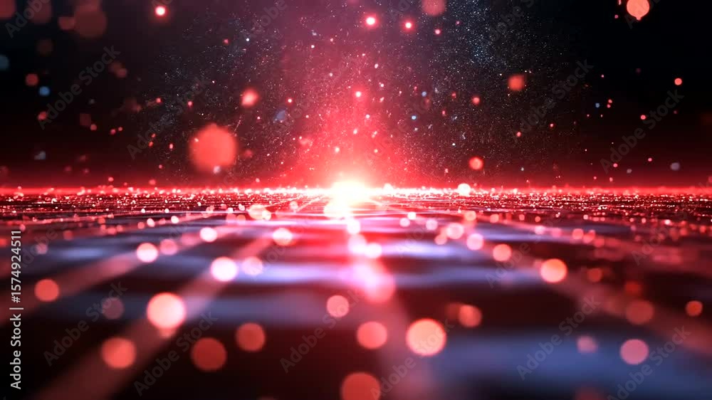 Abstract Red Futuristic Grid With Light Particles and Bokeh Effects Background Loop
