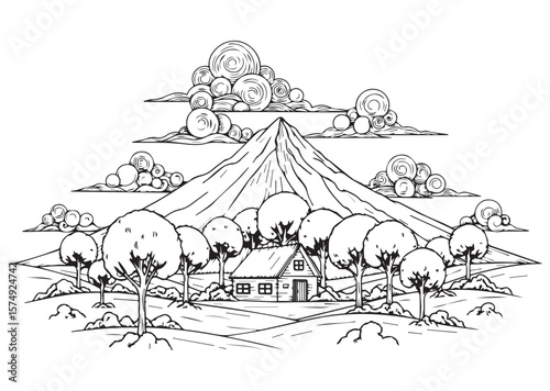 A house sits nestled in a landscape of mountains, trees, and clouds