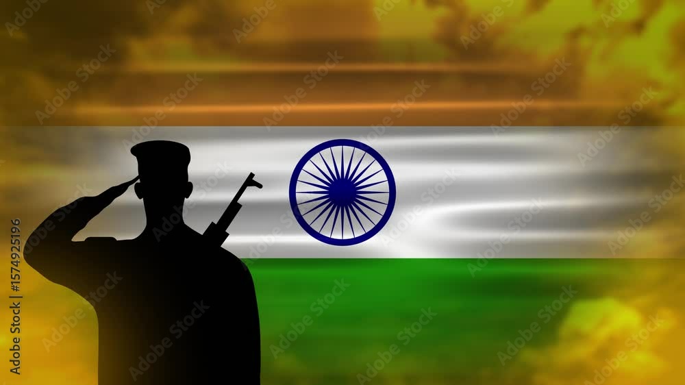 army man saluting indian flag animation with yellow cloud time lapse background. patriotism concept with salute pose.