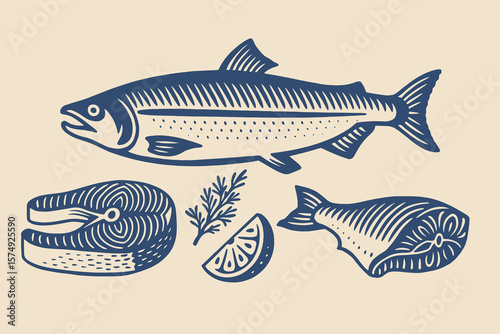 Fish and seafood vintage engraved sketch vector illustration