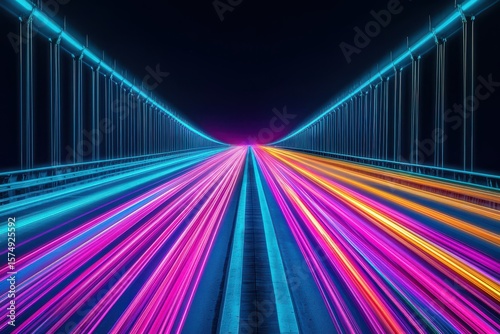 Neon light trails in vibrant blue, pink, and orange flow along a futuristic bridge at night, creating a dynamic and colorful visual effect.