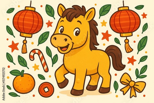 Illustration of a happy fire horse with chinese lanterns and oranges for chinese new year 2026 celebration. concept of lunar new year, traditional symbols, festive decor