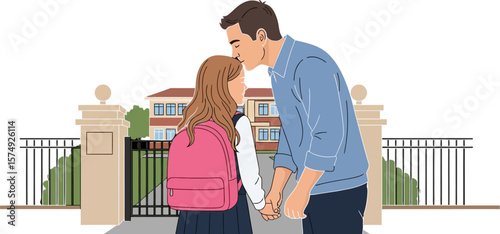 Father daughter school illustration back to school scene father kissing daughter goodbye at school gate