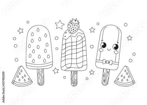 Cute popsicles and watermelon slices isolated on white background