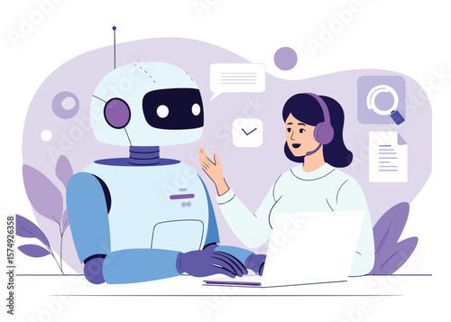 Woman with headset and robot collaborate on laptop with digital icons