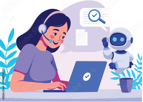 Customer service agent and friendly robot collaborate on laptop with search and checkmark