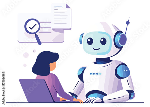 Woman and friendly robot collaborate on a digital document with magnifying glass and checkmark