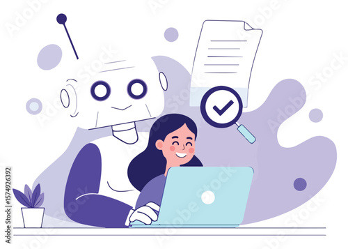 Robot and girl working together on laptop with document and magnifying glass