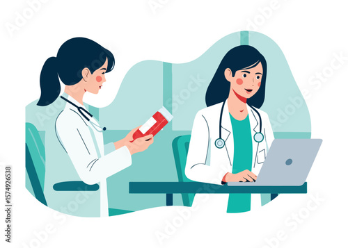 Three female doctors collaborating and working in a modern medical setting