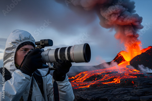 A volcanologist with a telephoto lens captures a moment of violent eruption while standing on solidified lava as hot ash fills the air and his team signals behind him while containment