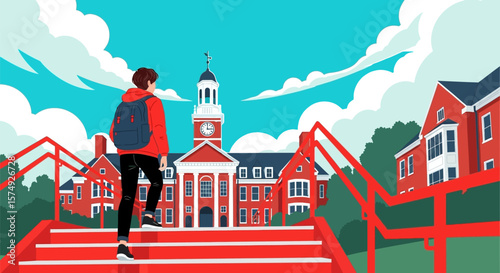 Student walking to university campus building illustration for education and college search ranking