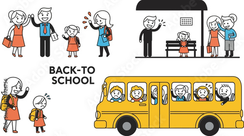 Back to school vector illustration with parents and children on bus and bus stop design template