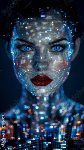 Video of a Futuristic Woman with Glowing Grid and Blue Eyes