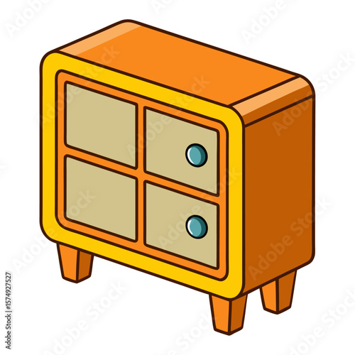 Orange cabinet with four drawers and round blue knobs yellow brown