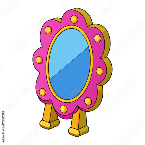 Ornate pink and gold standing mirror with blue reflective surface decorative