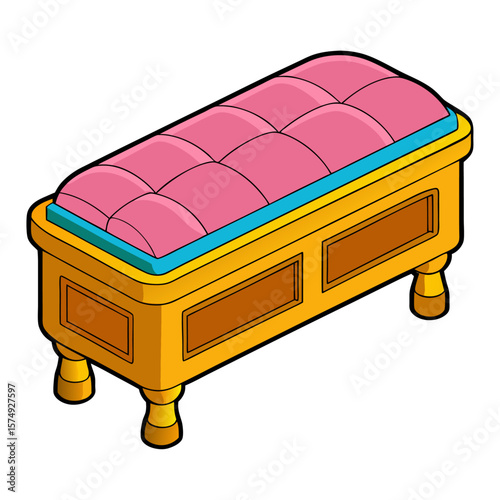 Ornate tufted bench with golden frame and blue trim pink
