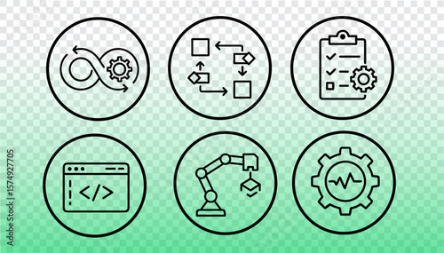DevOps workflow icons set. Development operations process automation cycle. Technology software engineering release pipeline testing management. Outline style green background vector