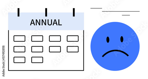 Annual calendar with blue sad face suggesting disappointment related to time, goals, or yearly events. Ideal for deadlines, mental health, stress, failure, planning delay deadlines. A simple flat