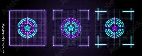 Target star icon illustration, cyber neon visual, glowing border grid vector.