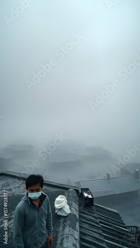 A team of masked researchers navigates a foggy volcanic plateau conducting air quality measurements in extreme conditions to document sulfur dioxide levels during minor eruptions for environmental stu