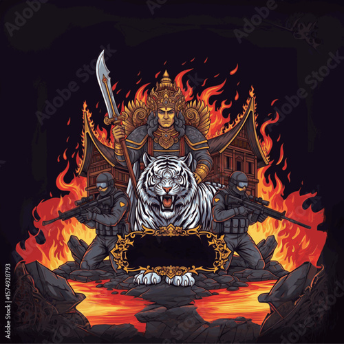 Ferocious Roman General & White Tiger with Soldiers in Inferno Battle