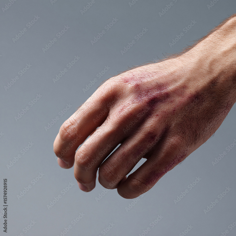 Fototapeta premium A male hand showing minor bruising and abrasions. Represents resilience, recovery, strength, or vulnerability. Ideal for healthcare, sports, or emotional wellness themes.