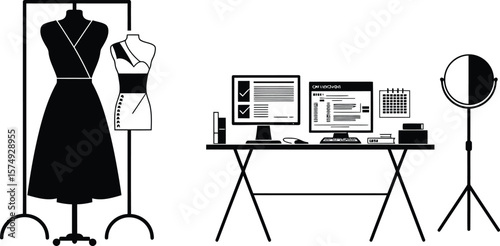 Illustration of Minimalist vector design of fashion design studio by a world-class graphic designer. black and white,  no text, minimalist, abstract, clean white back