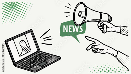 Hand-drawn illustration: Urgent online news announcement, laptop screen, megaphone, pointing finger, vintage style, monochrome.