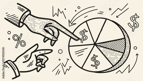 Hand-drawn illustration: Two hands interacting with a pie chart depicting financial planning, budget allocation, and investment strategy.  Retro style, black and white.
